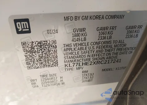 2024 Chevrolet Trax Fwd Lt z USA, uszkodzony, nr VIN KL77LHE2XRC217241